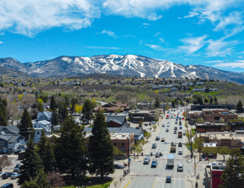 Drone Photo Looking Over Downtown Steamboat Springs, Colorado during the summer